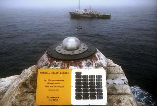 Greenpeace installed a solar powered light beacon on Rockall in 1998 as part of their Atlantic Frontier campaign, using the plinth of the damaged beacon. The light, although slightly modified, was reported to be still functioning 6 months later. (John Greenpeace installed a solar powered light beacon on Rockall in 1998 as part of their Atlantic Frontier campaign, using the plinth of the damaged beacon. The light, although slightly modified, was reported to be still functioning 6 months later. (John
