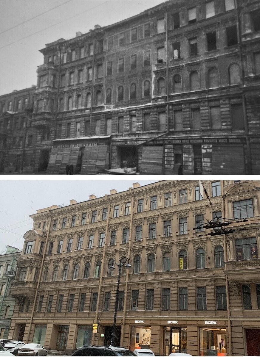 Дом на Невском, 119 пострадал в один из первых налётов на город - в сентябре 1941 года. Позже фасад закрыли фанерой, а после войны восстановили.