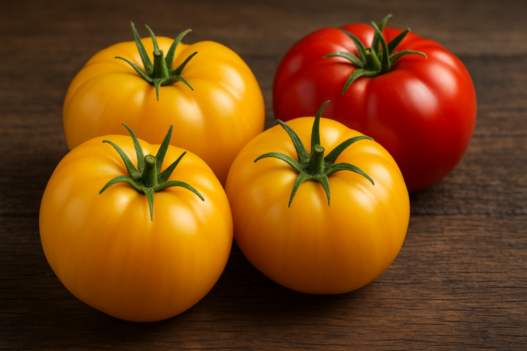 Почему некоторые помидоры желтого цвета и из-за чего они хуже красных. Томаты желтого цветя мягче красных и менее кислые, но при этом уступают им по пищевой ценности. Фото.