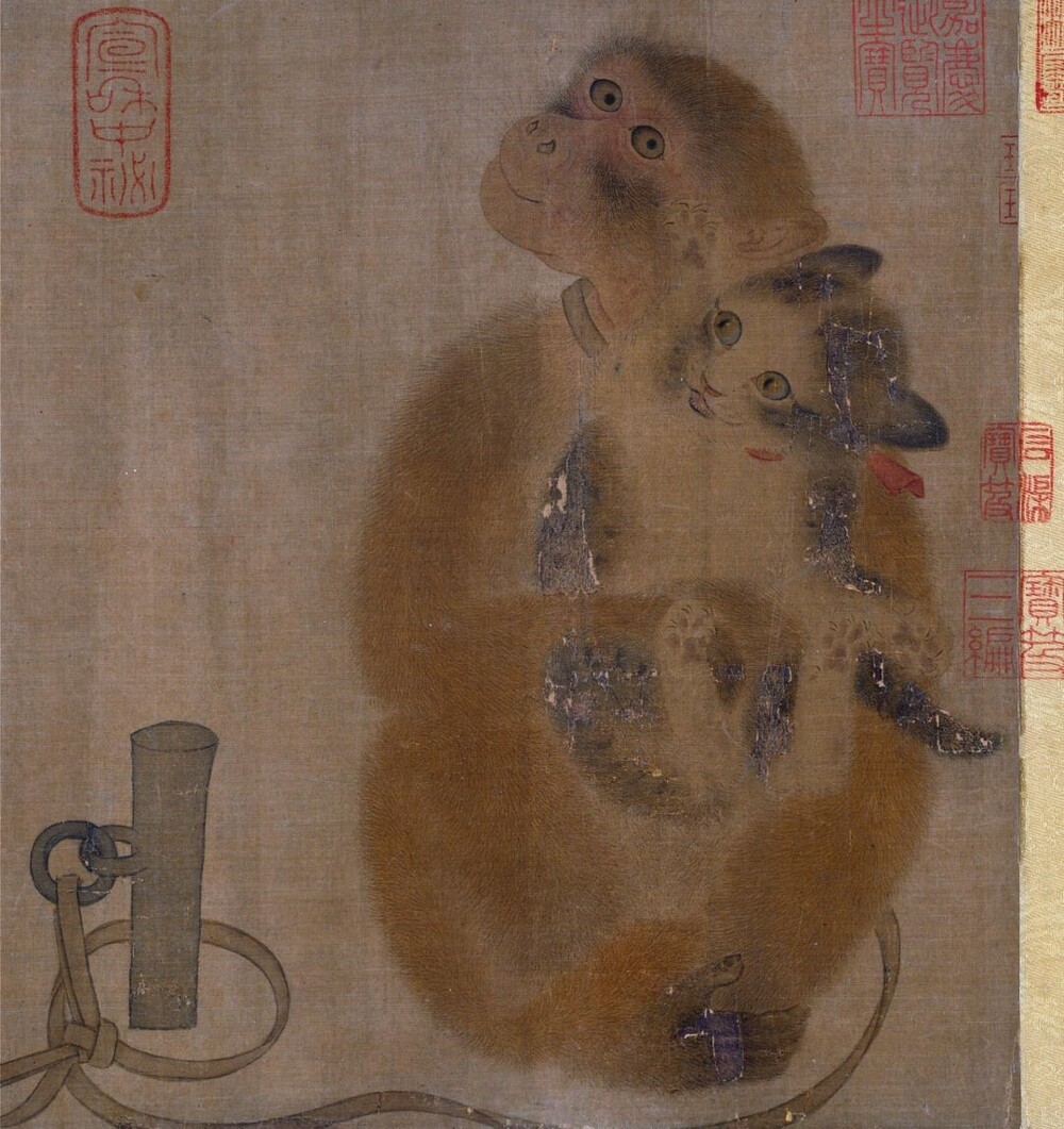 7. Картина «Обезьяна, держащая кошку», художник И Юаньцзи. Китай, династия Сун, XI век нашей эры
