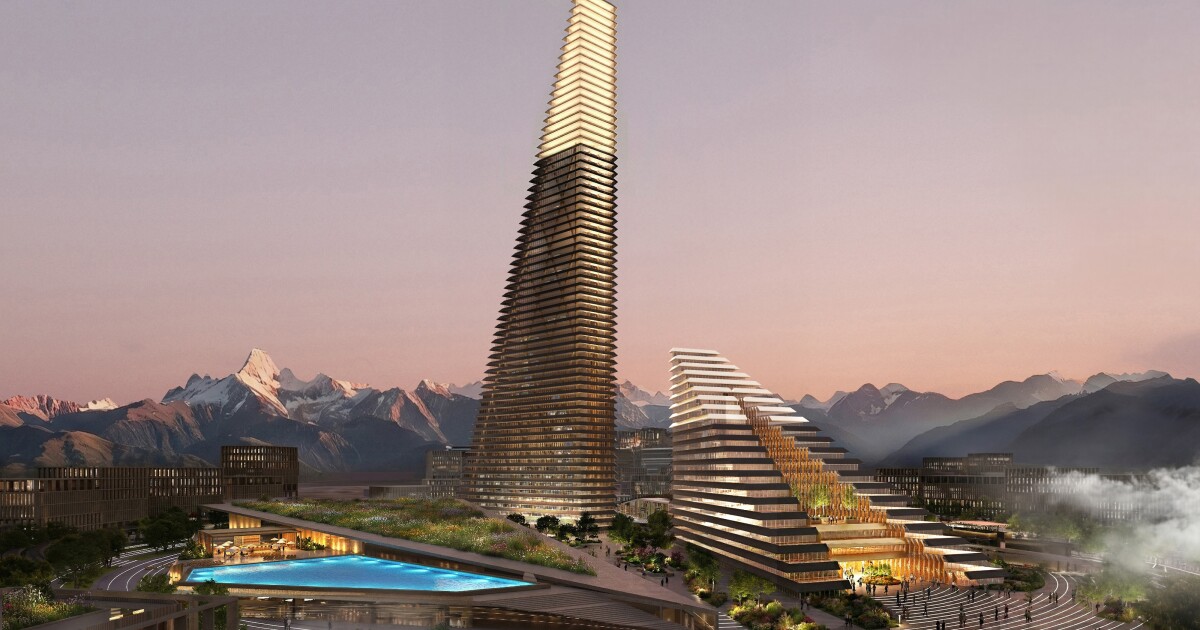 Новый город в Казахстане с небоскребами: что известно о проекте. Две футуристичные клиновидные башни на фоне горного хребта — рендер будущего комплекса. Фото.