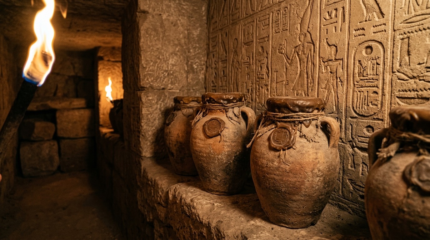 Керамические сосуды с восковыми печатями в египетской гробнице. Фото.