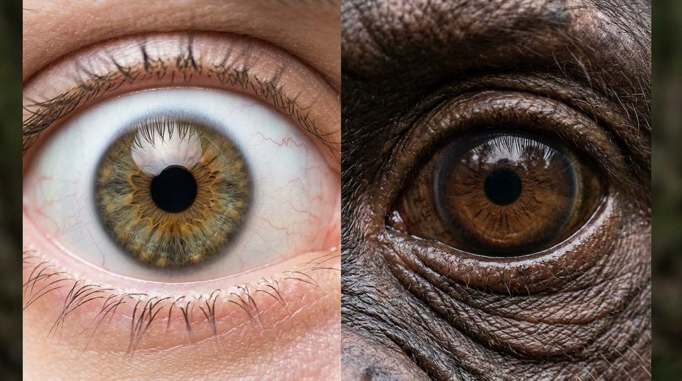 Человеческий глаз с яркой белой склерой и глаз шимпанзе с темной — разница видна сразу. Фото.