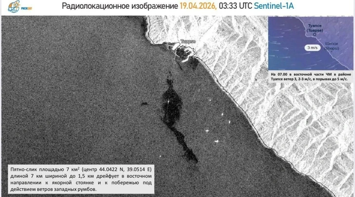 Разлив нефтепродуктов на спутниковом снимке, сделанном 19 апреля | Источник: Экологический проект «Прозрачный мир»