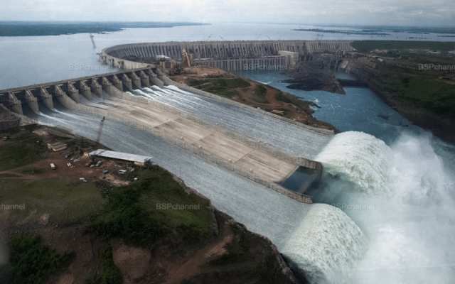 Воды реки Парана несутся вниз по водосбросу недавно открытой плотины Итайпу, крупнейшей в мире гидроэлектростанции. Фош-ду-Игуасу, Бразилия, 4 ноября 1982 года.
